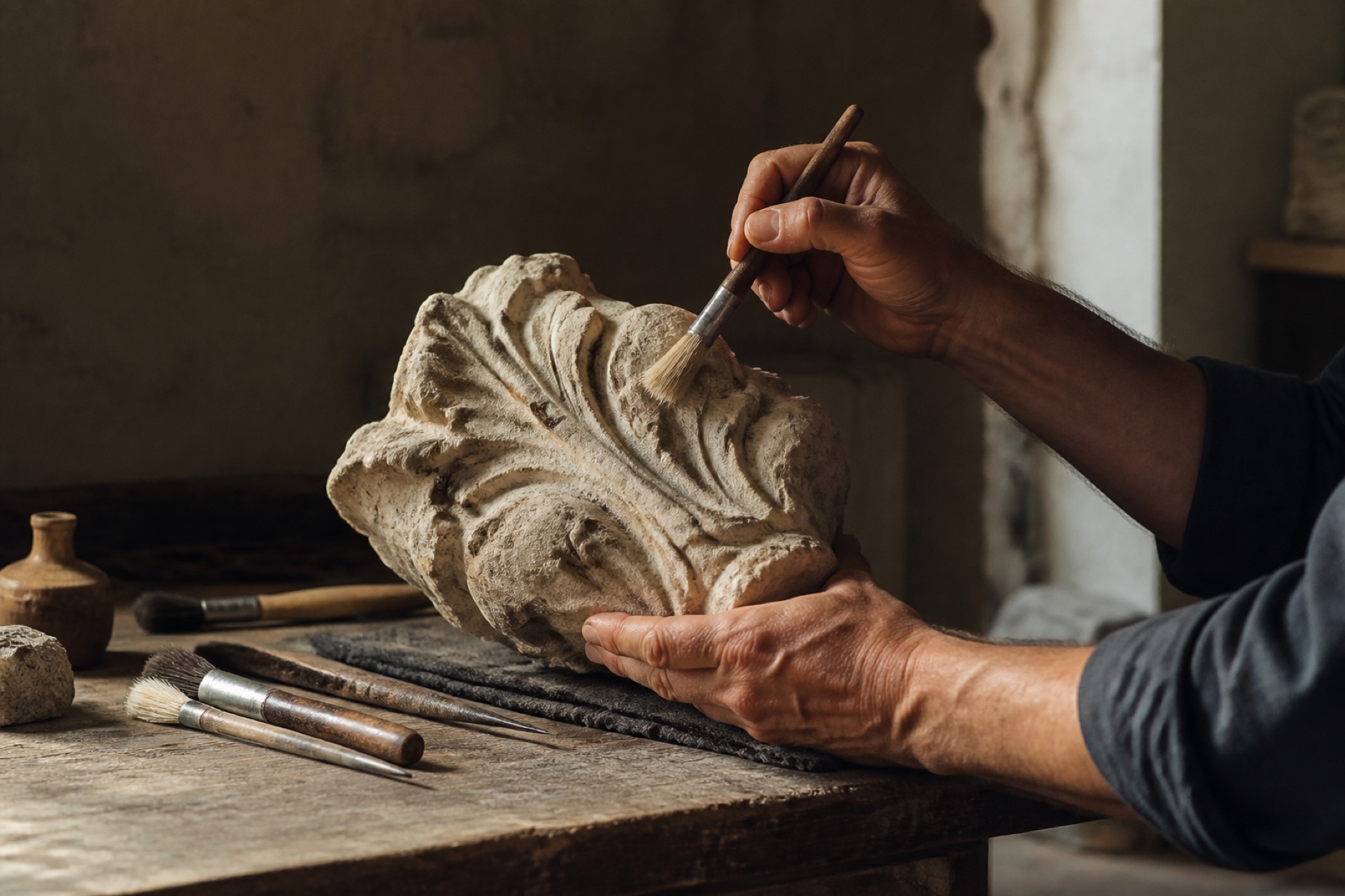 Examen attentif d’un fragment sculpté en pierre — image d’ambiance