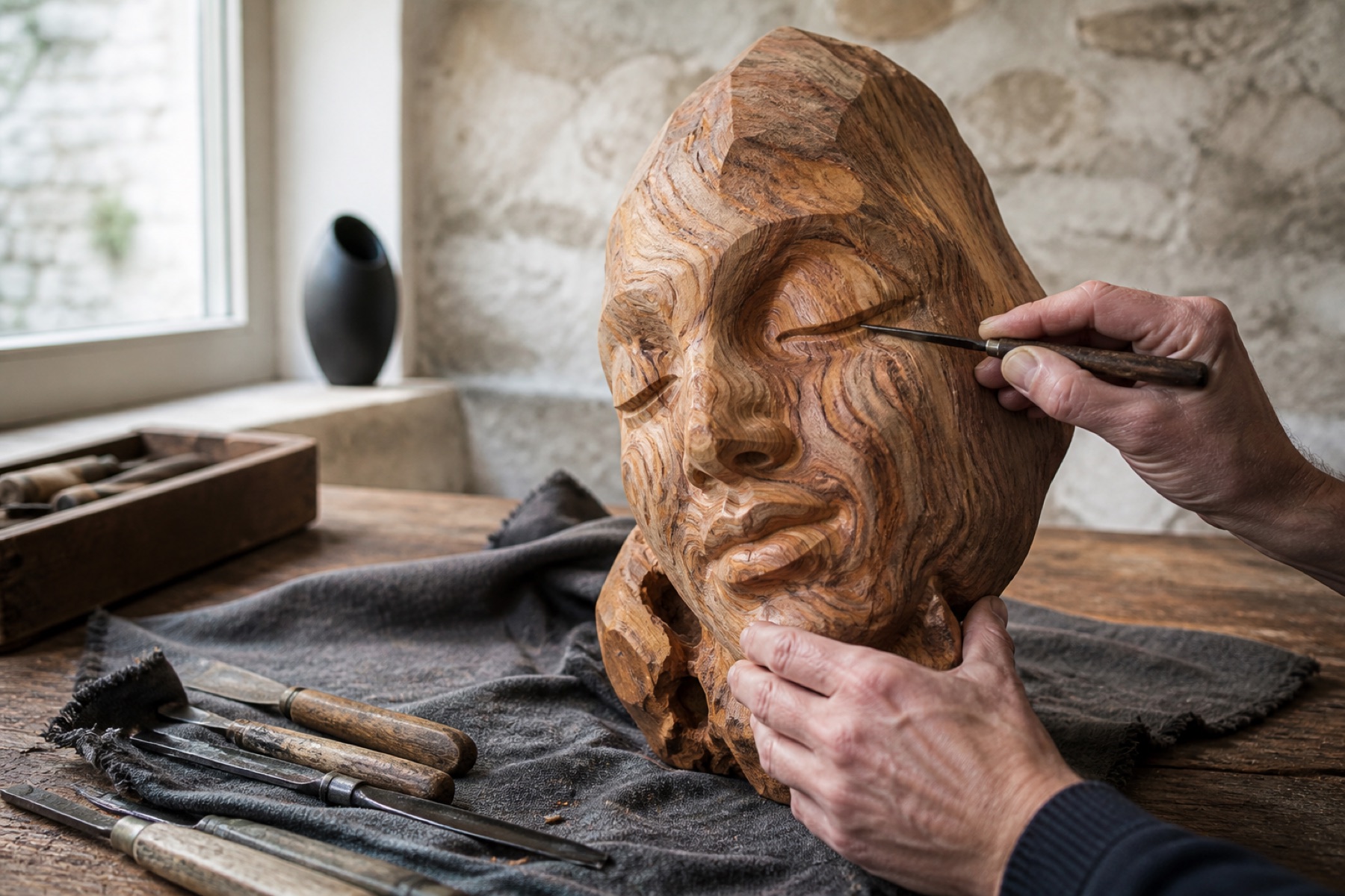 Taille d’un visage dans un bois d’olivier — image d’ambiance