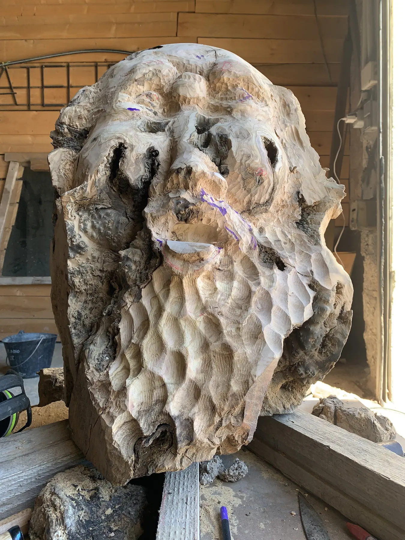 Visage en olivier pendant le travail des volumes